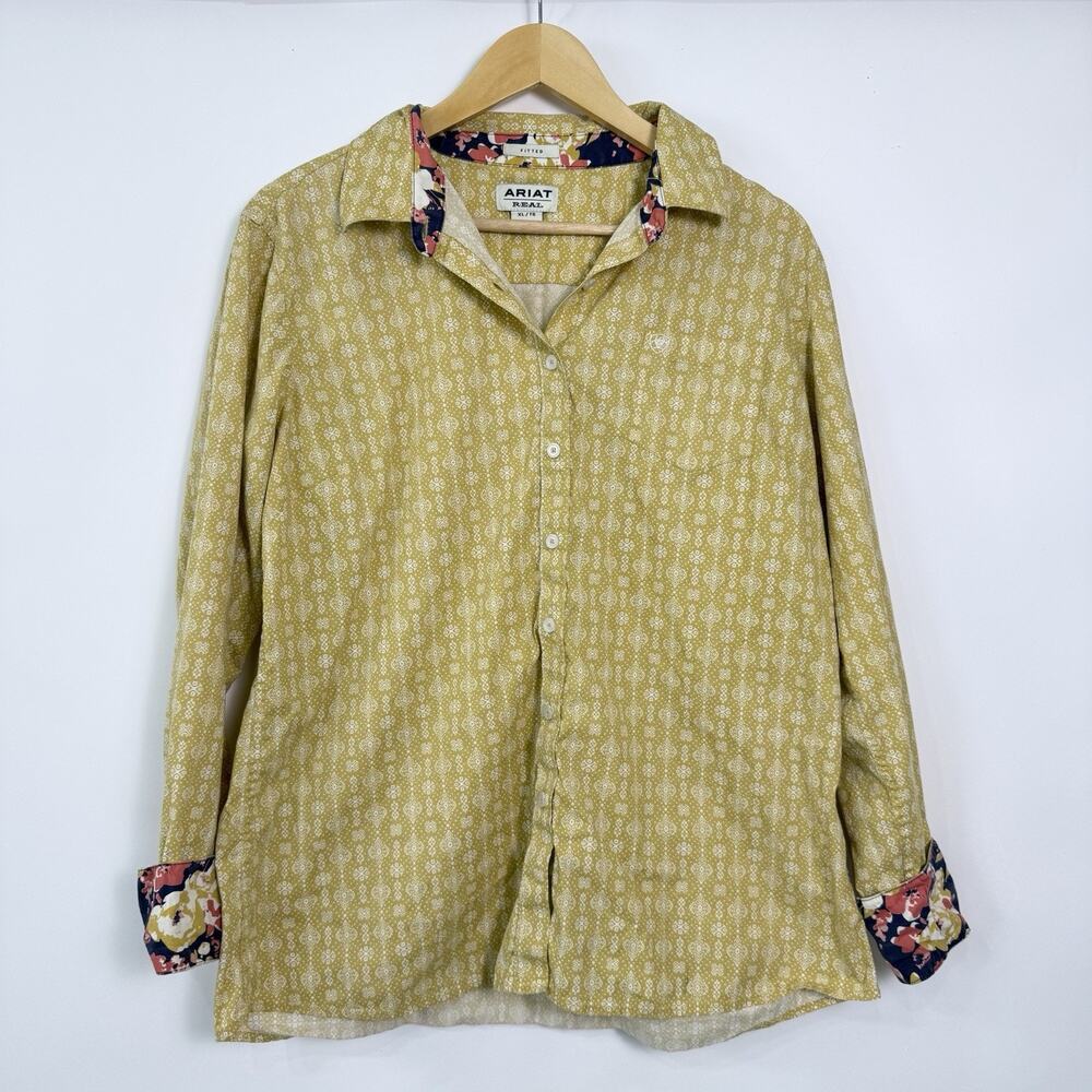Ariat Fitted Button Up Shirt Womens Size XL Mustard‎ Yellow Geometric Western